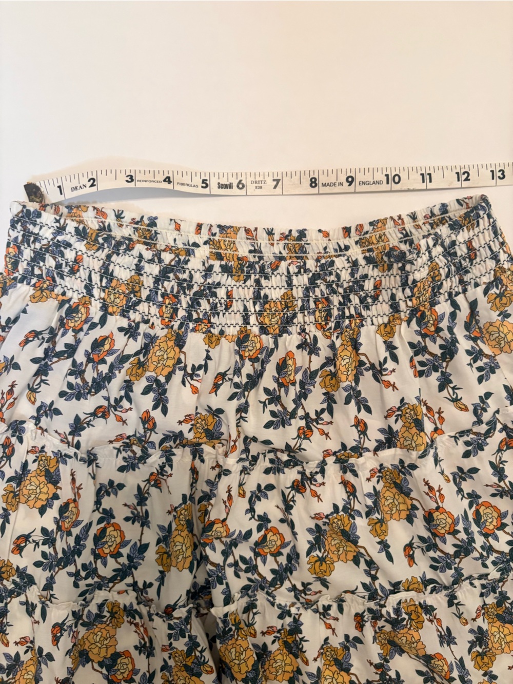 Max Studio Floral Tiered Skirt Butter Yellow Ivory Rayon Smocked Waist Large NWT - Picture 9 of 11
